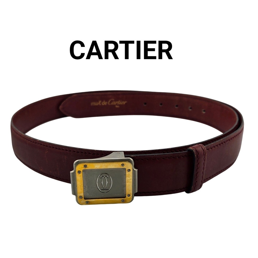 Must de Cartier Burgundy Leather Santos Buckle Belt Mens 36-39 91-99cm France
